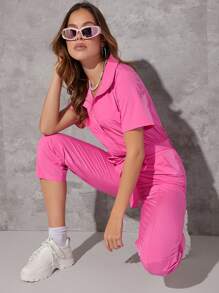 Hauture Casual Solid Color Zip Front Belted Jumpsuit - Pink - View 5