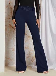 SHEIN Privé Solid Flare Leg Belted Pants - Navy Blue - View 1
