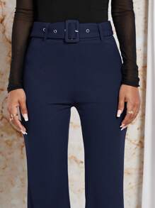 SHEIN Privé Solid Flare Leg Belted Pants - Navy Blue - View 5