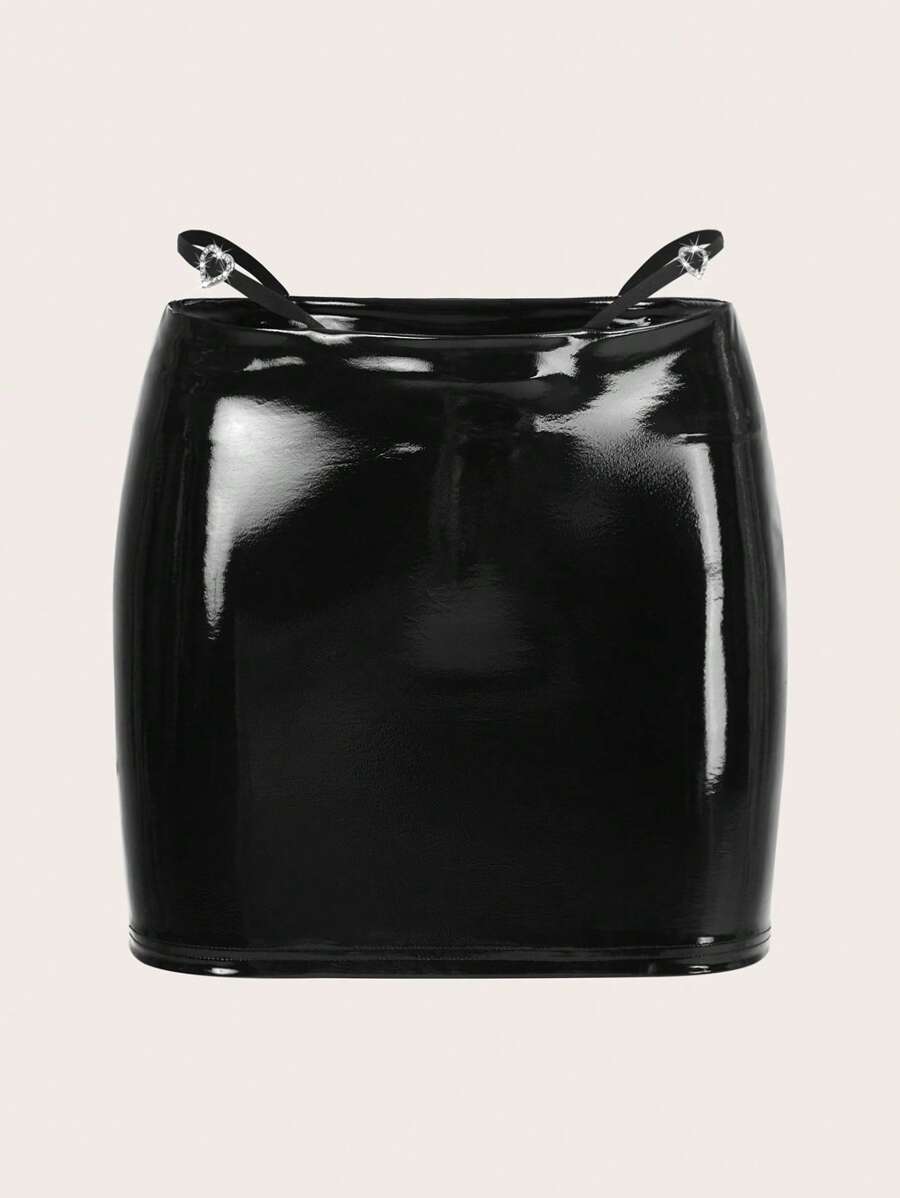 SHEIN ICON 西部風格牛仔女孩腰部鏤空PU皮革包臀半身裙