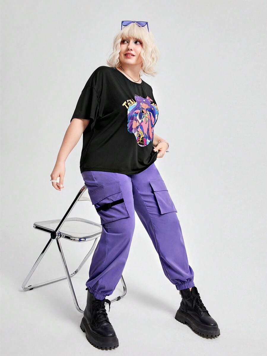 SHEIN EZwear Plus Letter & Figure Graphic Drop Shoulder Tee & Cargo Pants - Multicolor - View 1