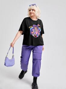 SHEIN EZwear Plus Letter & Figure Graphic Drop Shoulder Tee & Cargo Pants - Multicolor - View 3