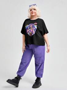 SHEIN EZwear Plus Letter & Figure Graphic Drop Shoulder Tee & Cargo Pants - Multicolor - View 4
