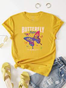 SHEIN LUNE Butterfly And Slogan Graphic Tee - Yellow - View 1