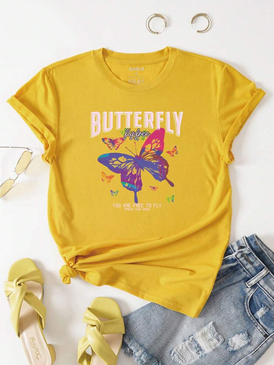 SHEIN LUNE Butterfly And Slogan Graphic Tee - Yellow - View 1