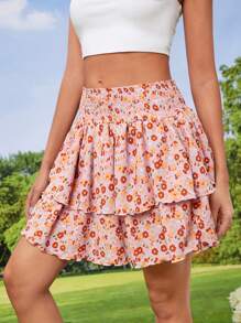 EURMUSE Allover Floral Print Shirred Waist Layered Skirt - Multicolor - View 4
