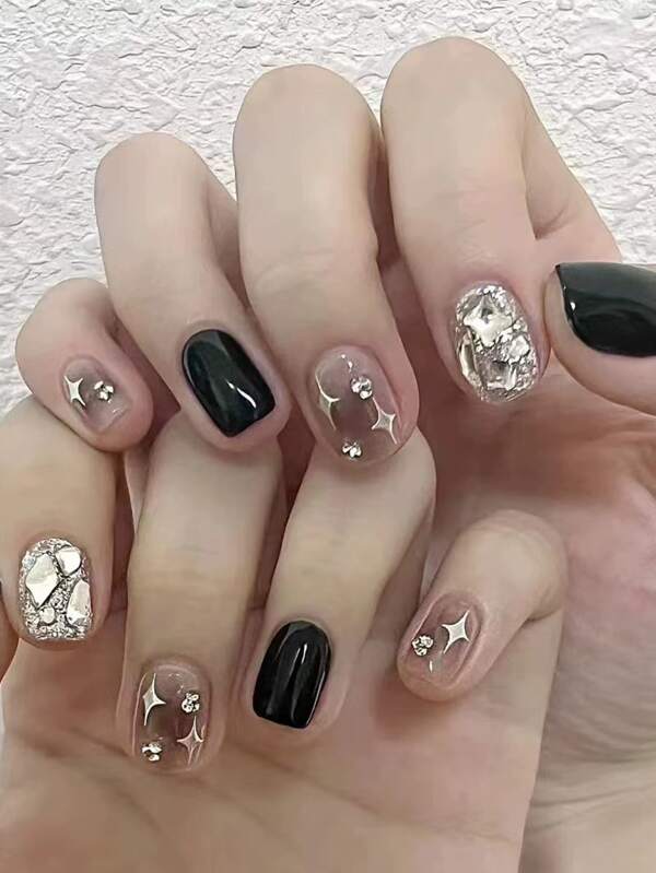 30Pcs Short Press-On Square Shaped "Starry Sky & Moon" Nail Tips Set With 1Pc Jelly Glue And 1Pc Nail Filer For Instant Styling Upgrade Press On Nails Nail Supplies Nails