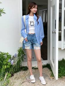 DAZY Striped Print Pocket Patched Button Front Shirt - Baby Blue - View 3