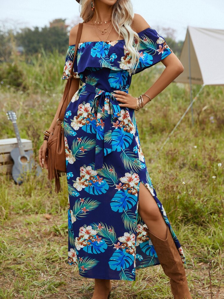 SHEIN VCAY เดรส ลายทรอปิคอล เปลือยไหล่ ขอบระบาย ผ่าลึก สายผูกเอว - มัลติคัลเลอร์ - ดู 3