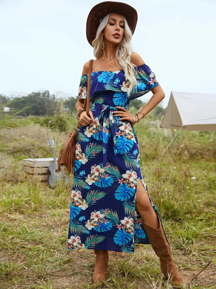 SHEIN VCAY เดรส ลายทรอปิคอล เปลือยไหล่ ขอบระบาย ผ่าลึก สายผูกเอว - มัลติคัลเลอร์ - ดู 7