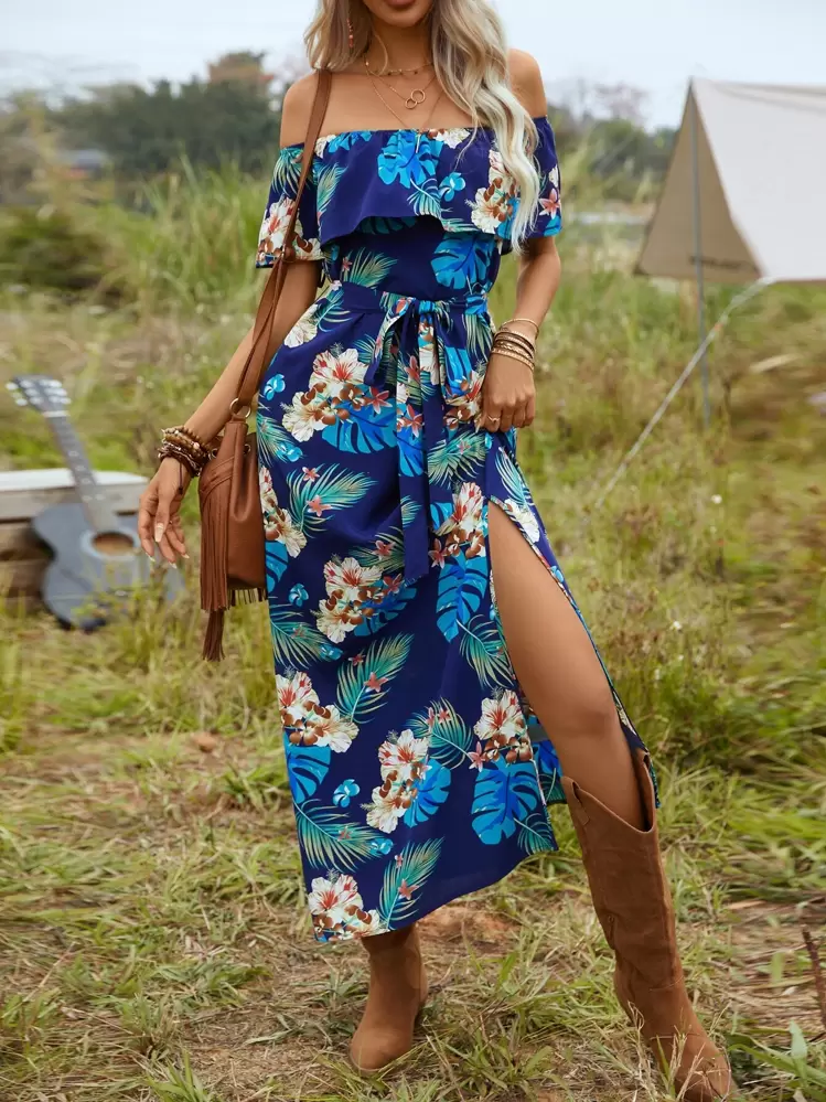 SHEIN VCAY เดรส ลายทรอปิคอล เปลือยไหล่ ขอบระบาย ผ่าลึก สายผูกเอว - มัลติคัลเลอร์ - ดู 1