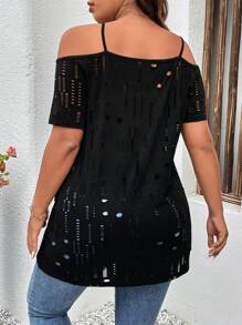 SHEIN LUNE Camiseta holgada para salidas casuales en verano, talla grande, cuello en V, con cremallera, correa con cadena metálica, hombros descubiertos, tejido rasgado - Negro - Ver 2