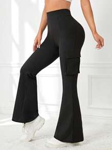 Flap Pocket Side Flare Leg Sports Trousers - Black - View 1