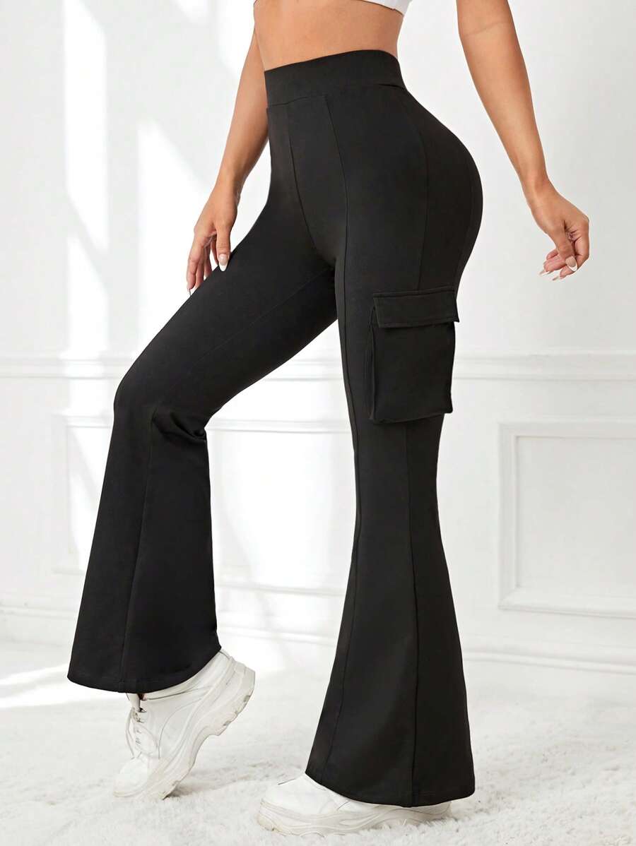 Flap Pocket Side Flare Leg Sports Trousers - Black - View 1