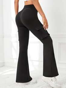 Flap Pocket Side Flare Leg Sports Trousers - Black - View 2