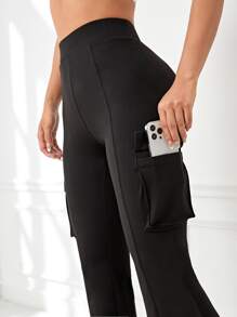 Flap Pocket Side Flare Leg Sports Trousers - Black - View 3