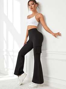 Flap Pocket Side Flare Leg Sports Trousers - Black - View 4