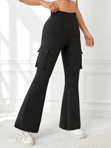 Flap Pocket Side Flare Leg Sports Trousers - Black - View 5