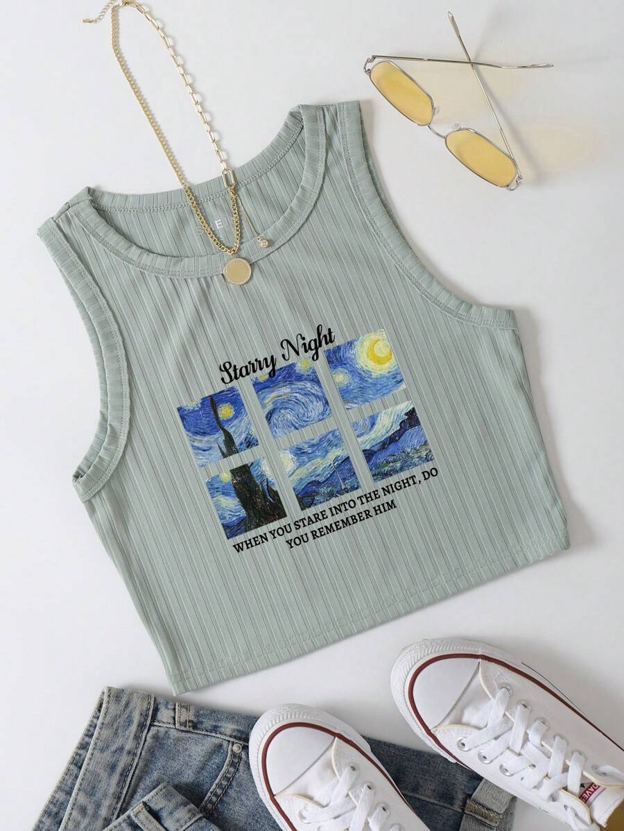 SHEIN EZwear Top tank crop con estampado de slogan - verde menta - Ver 1