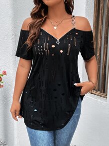 SHEIN LUNE Camiseta holgada para salidas casuales en verano, talla grande, cuello en V, con cremallera, correa con cadena metálica, hombros descubiertos, tejido rasgado - Negro - Ver 3