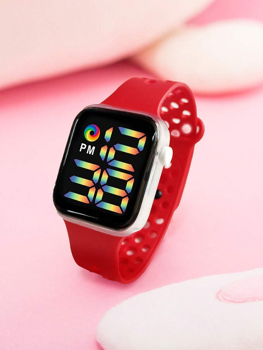 1pc Kids Red TPU Strap Sporty LED Display Square Dial Electronic Watch, For Daily Decoration - Red - View 1