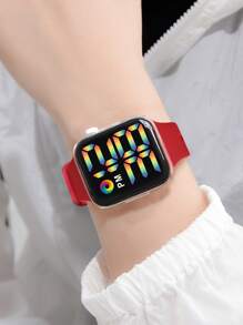 1pc Kids Red TPU Strap Sporty LED Display Square Dial Electronic Watch, For Daily Decoration - Red - View 2