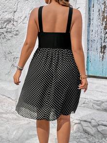 SHEIN LUNE Plus Polka Dot Twist Front Cami Dress - Black and White - View 2