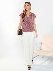 BizChic Chất rắn Surplice cổ Ngọc trai Viền ven Áo sơ mi Trang phục làm việc - Bụi hồng - Xem 3