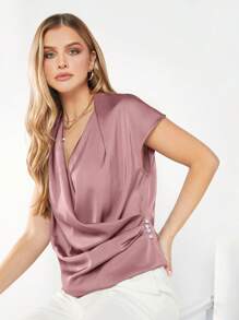 BizChic Chất rắn Surplice cổ Ngọc trai Viền ven Áo sơ mi Trang phục làm việc - Bụi hồng - Xem 4
