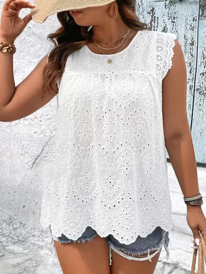 Breezaya Plus Eyelet Embroidery Lace Trim Blouse