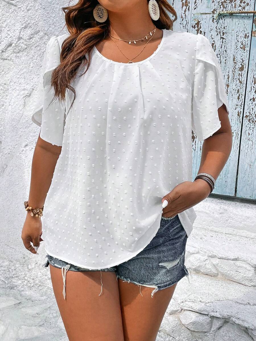 SHEIN LUNE Plus Swiss Dot Petal Sleeve Blouse - White - View 1