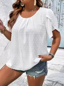 SHEIN LUNE Plus Swiss Dot Petal Sleeve Blouse - White - View 6