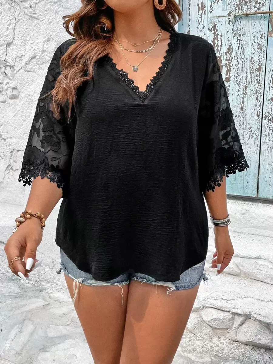 SHEIN Clasi Plus Contrast Lace Blouse - Black - View 1