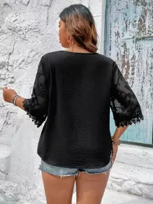 SHEIN Clasi Plus Contrast Lace Blouse - Black - View 2