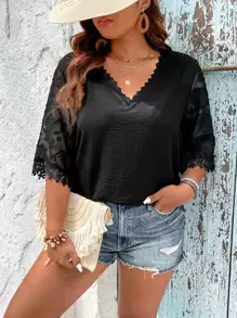 SHEIN Clasi Plus Contrast Lace Blouse - Black - View 4