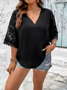 SHEIN Clasi Plus Contrast Lace Blouse - Black - View 6