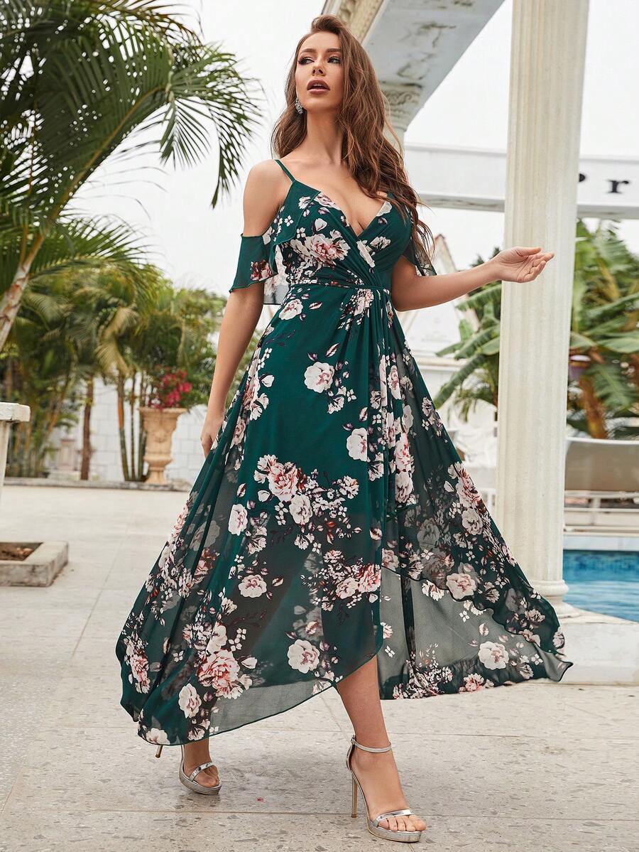 Floral Print Ruffle Trim Chiffon Bridesmaid Dress - Dark Green - View 1
