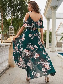 Floral Print Ruffle Trim Chiffon Bridesmaid Dress - Dark Green - View 2