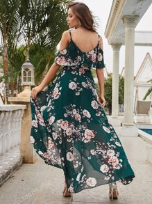 Floral Print Ruffle Trim Chiffon Bridesmaid Dress