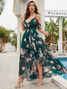 Floral Print Ruffle Trim Chiffon Bridesmaid Dress - Dark Green - View 3