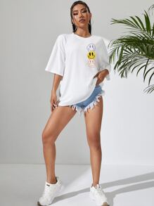 INAWLY 卡通脸印花落肩 T 恤图案 T 恤女式上衣 - 白色 - 查看 3