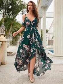 Floral Print Ruffle Trim Chiffon Bridesmaid Dress