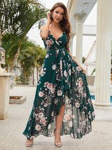 Floral Print Ruffle Trim Chiffon Bridesmaid Dress - Dark Green - View 6