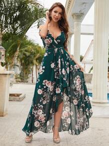Floral Print Ruffle Trim Chiffon Bridesmaid Dress
