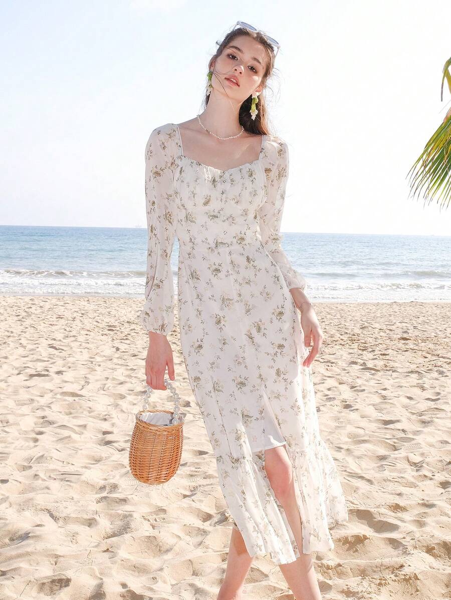 印花燈籠袖荷葉邊連衣裙 - 彩色 - 查看 1