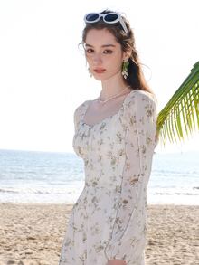 印花燈籠袖荷葉邊連衣裙 - 彩色 - 查看 3