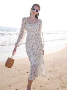 印花燈籠袖荷葉邊連衣裙 - 彩色 - 查看 5