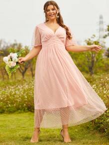 S BETRO 大碼波點網紗覆蓋泡泡袖洋裝 - 粉色 - 查看 1