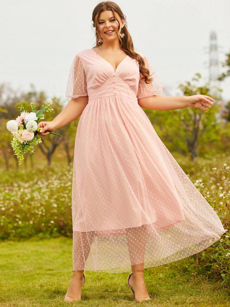 S BETRO 大碼波點網紗覆蓋泡泡袖洋裝 - 粉色 - 查看 1