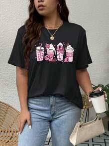 SHEIN LUNE Plus Cartoon Graphic Tee - Black - View 3